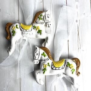 Pair GiGi VTG 70s Carousel Horse Ceramic Figurine Decor Ornament White Fairytale